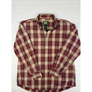 Cabelas Plaid Button Up Shirt Mens Large Cotton Flannel Red Tan Outdoor Workwear